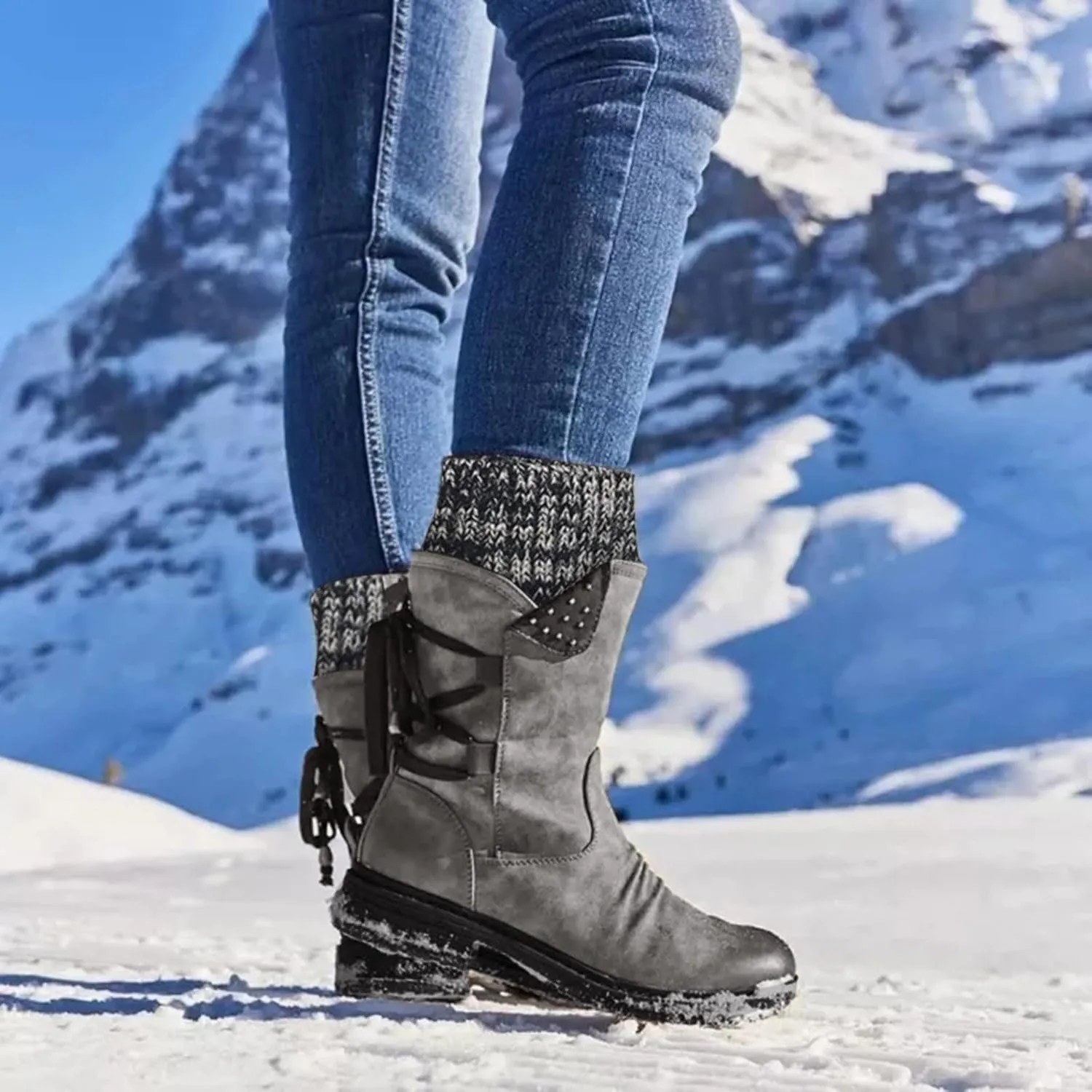 Black Snow Boots for Women Knee High Women's Waterproof Boots Women's Winter Fur Lined Ankle Boots Waterproof Cute Snow Boots for Woman Botas Nieve Trabajo