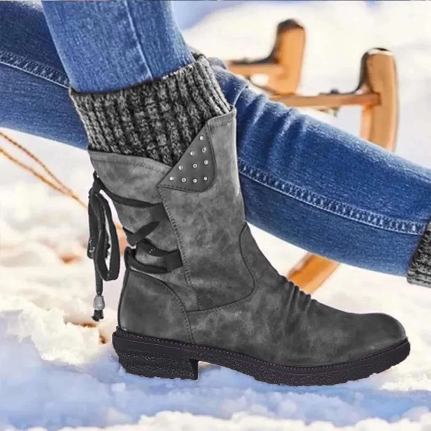 Black Snow Boots for Women Knee High Women's Waterproof Boots Women's Winter Fur Lined Ankle Boots Waterproof Cute Snow Boots for Woman Botas Nieve Trabajo