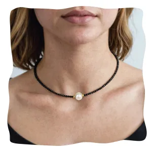 Black Spinel Necklaces for Women, Natural Freshwater Black Pearl Necklace, 18k Gold Plated 18 Inches Adjustable Chain Pearl Choker Necklace