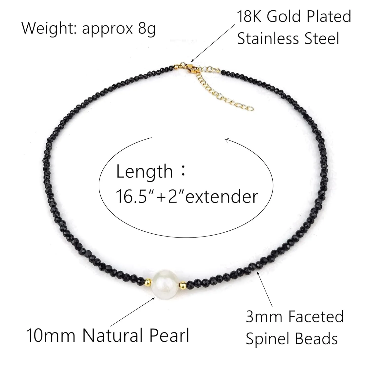Black Spinel Necklaces for Women, Natural Freshwater Black Pearl Necklace, 18k Gold Plated 18 Inches Adjustable Chain Pearl Choker Necklace