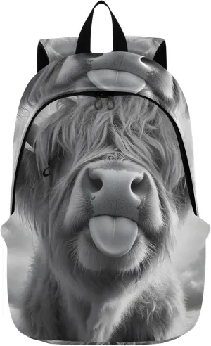 Black White Highland Cow Funny Medium Cute Backpacks for Women Casual Cool Teen Backpacks for Girls