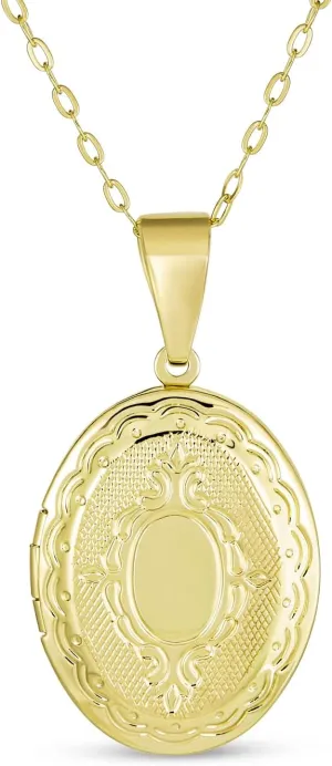 Bling Jewelry Personalized Vintage Antique Style Etched Leaf Scroll Holds Two Memory Photo Picture Oval Locket For Women 18K Gold Plated Customizable Pendant Necklace