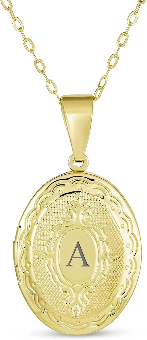 Bling Jewelry Personalized Vintage Antique Style Etched Leaf Scroll Holds Two Memory Photo Picture Oval Locket For Women 18K Gold Plated Customizable Pendant Necklace