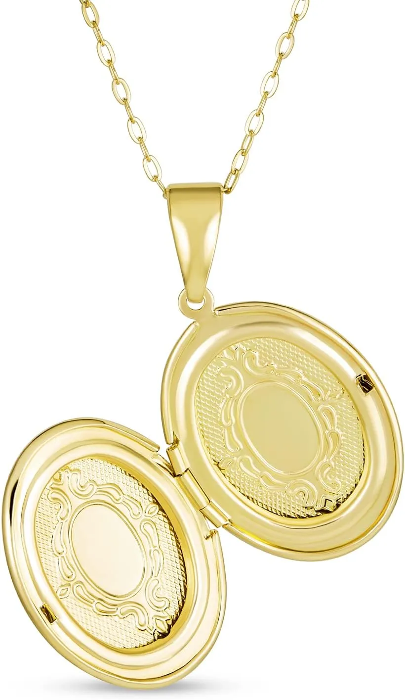 Bling Jewelry Personalized Vintage Antique Style Etched Leaf Scroll Holds Two Memory Photo Picture Oval Locket For Women 18K Gold Plated Customizable Pendant Necklace