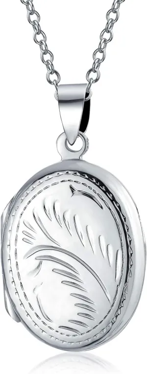 Bling Jewelry Vintage Style Personalized Engrave Floral Leaf Oval Photo Lockets for Women .925 Silver Necklace Pendant Holds Pictures Available in Small Medium Large