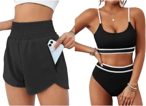 BMJL Women's Athletic Shorts High Waisted Running Shorts Pocket Sporty Shorts Gym Elastic Workout Shorts(L,Black)