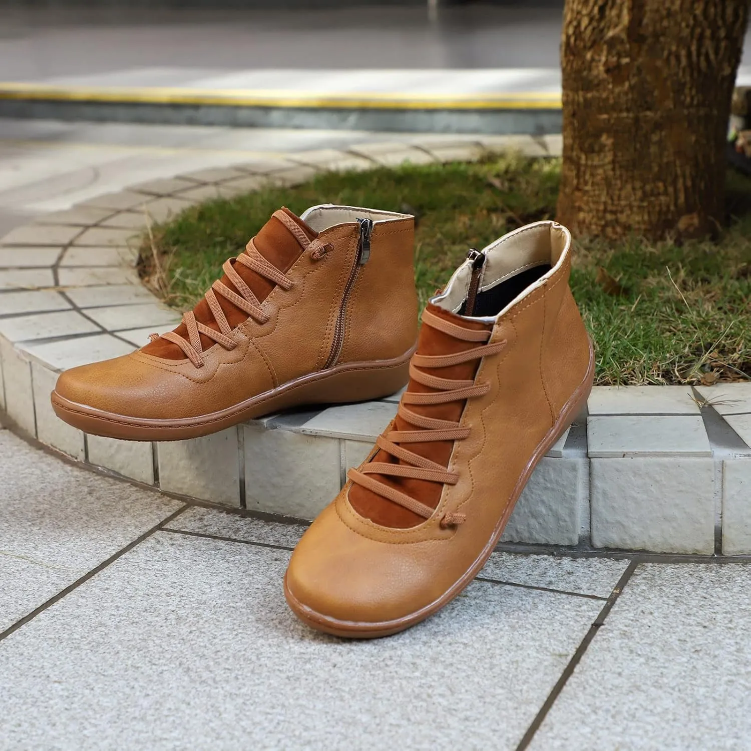 Booties for Women Round Toe Zipper Ankle Boots Comfy Arch Support Boots Lace Up Flat Heel Ankle Booties