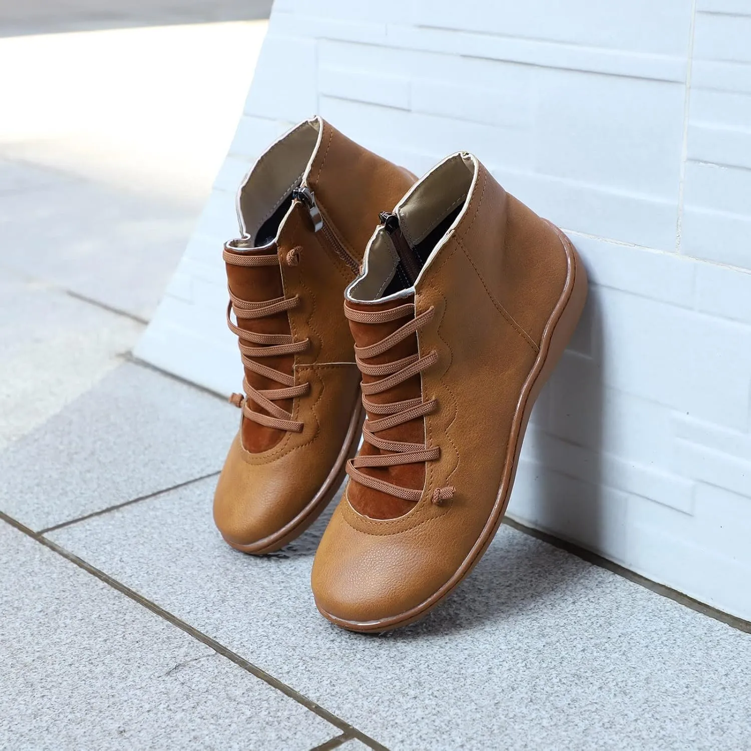 Booties for Women Round Toe Zipper Ankle Boots Comfy Arch Support Boots Lace Up Flat Heel Ankle Booties