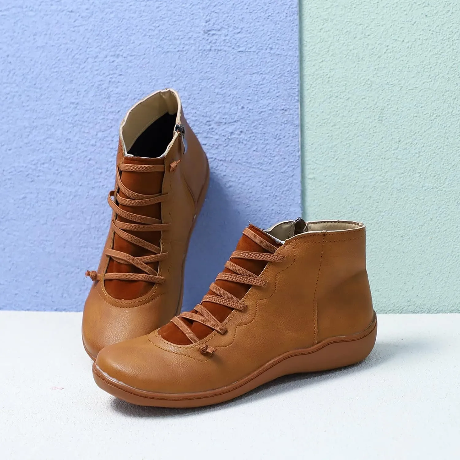 Booties for Women Round Toe Zipper Ankle Boots Comfy Arch Support Boots Lace Up Flat Heel Ankle Booties