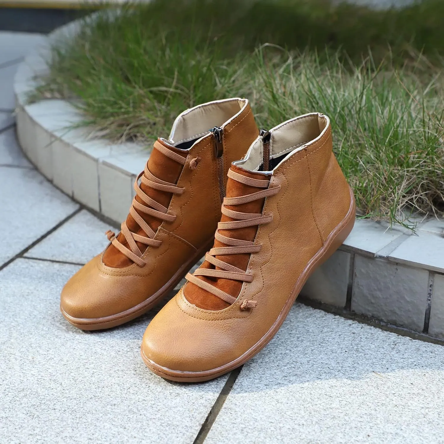 Booties for Women Round Toe Zipper Ankle Boots Comfy Arch Support Boots Lace Up Flat Heel Ankle Booties
