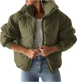 Borniu Womens Winter Quilted Jackets Long Sleeve Full Zip Puffer Jacket Stand Collar Baggy Short Down Coats Outerwear
