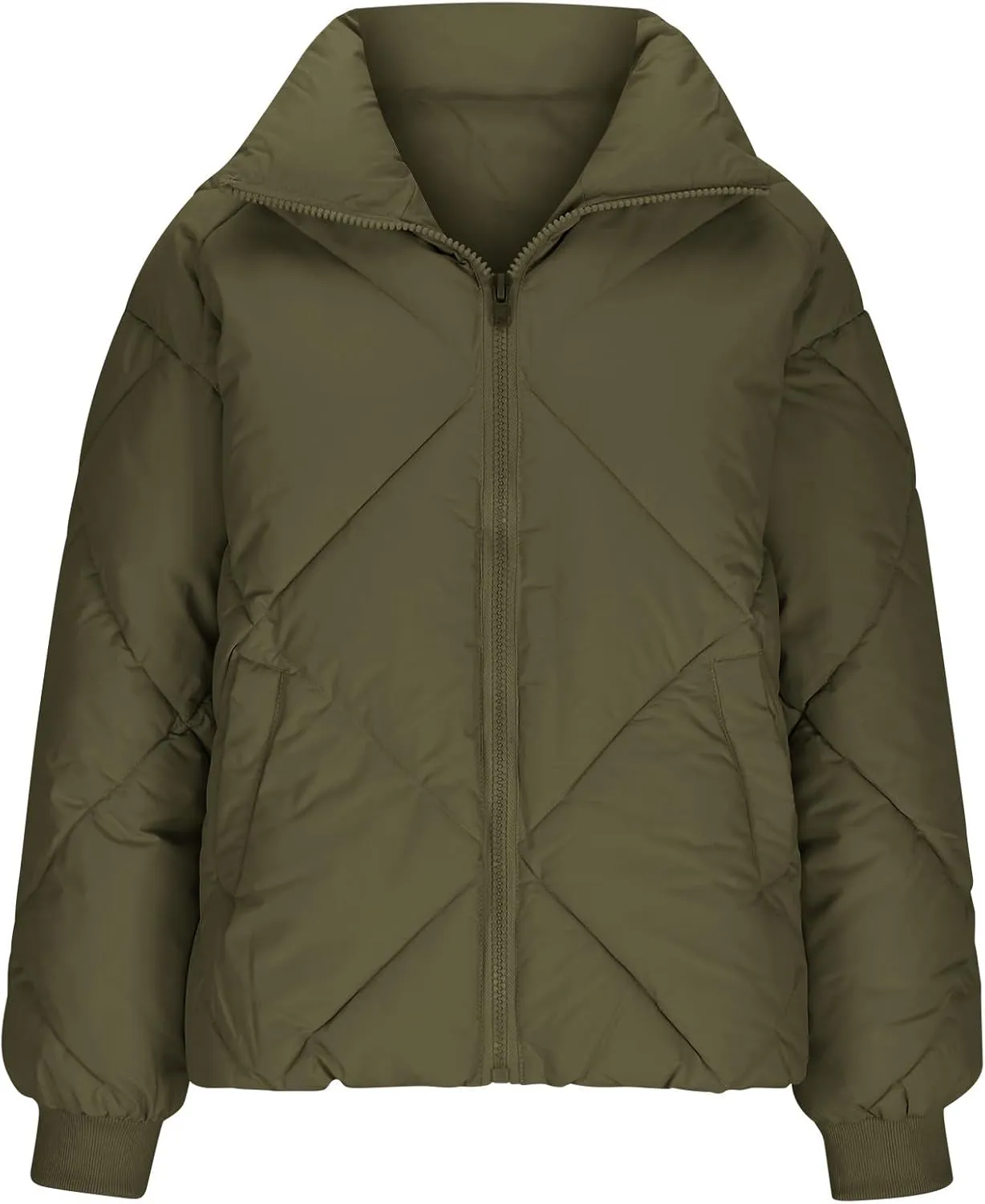 Borniu Womens Winter Quilted Jackets Long Sleeve Full Zip Puffer Jacket Stand Collar Baggy Short Down Coats Outerwear
