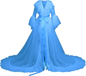 Bridal Lingerie Women Fashion Sexy Tulle Robe Long Lingerie Nightgown Bathrobe Sleepwear Bridal Robe Lace