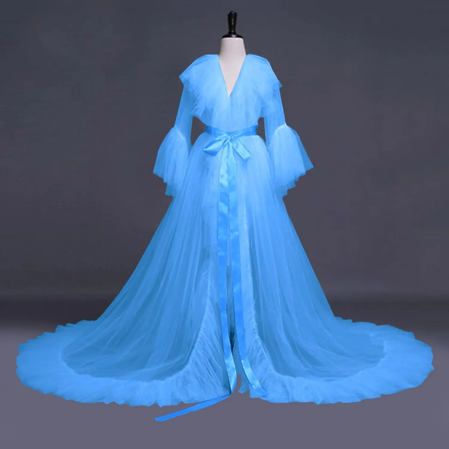 Bridal Lingerie Women Fashion Sexy Tulle Robe Long Lingerie Nightgown Bathrobe Sleepwear Bridal Robe Lace