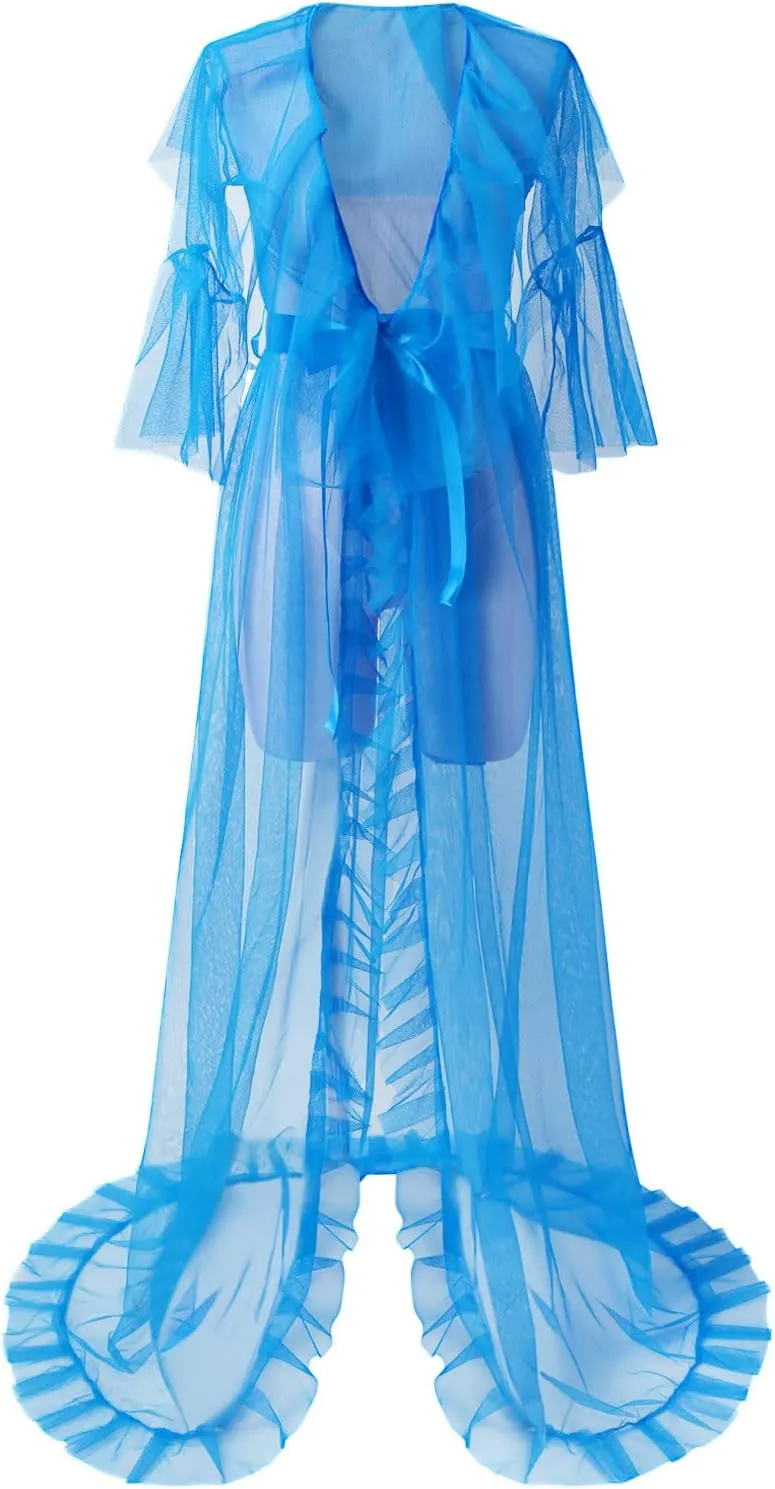 Bridal Lingerie Women Fashion Sexy Tulle Robe Long Lingerie Nightgown Bathrobe Sleepwear Bridal Robe Lace