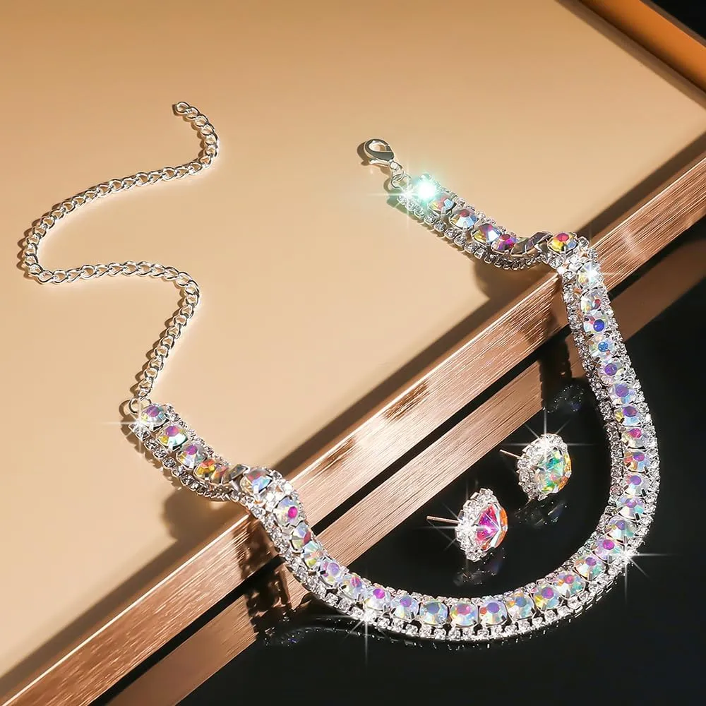 Bride Crystal Jewelry Set Rhinestone Choker Necklace Earrings Bridal Wedding Jewelry Sets for Costume Party Bride Bridesmaid Wedding Prom Jewelry