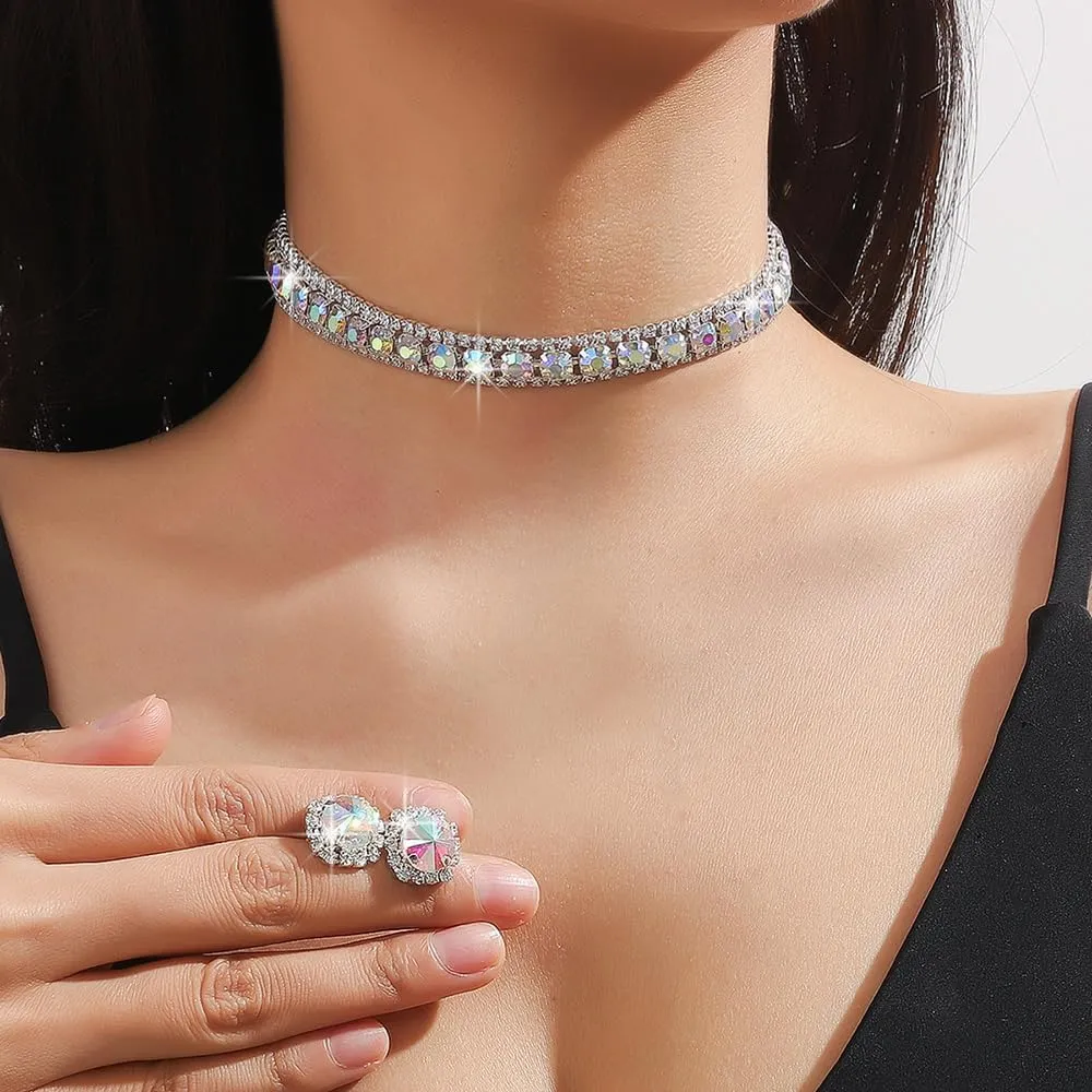 Bride Crystal Jewelry Set Rhinestone Choker Necklace Earrings Bridal Wedding Jewelry Sets for Costume Party Bride Bridesmaid Wedding Prom Jewelry