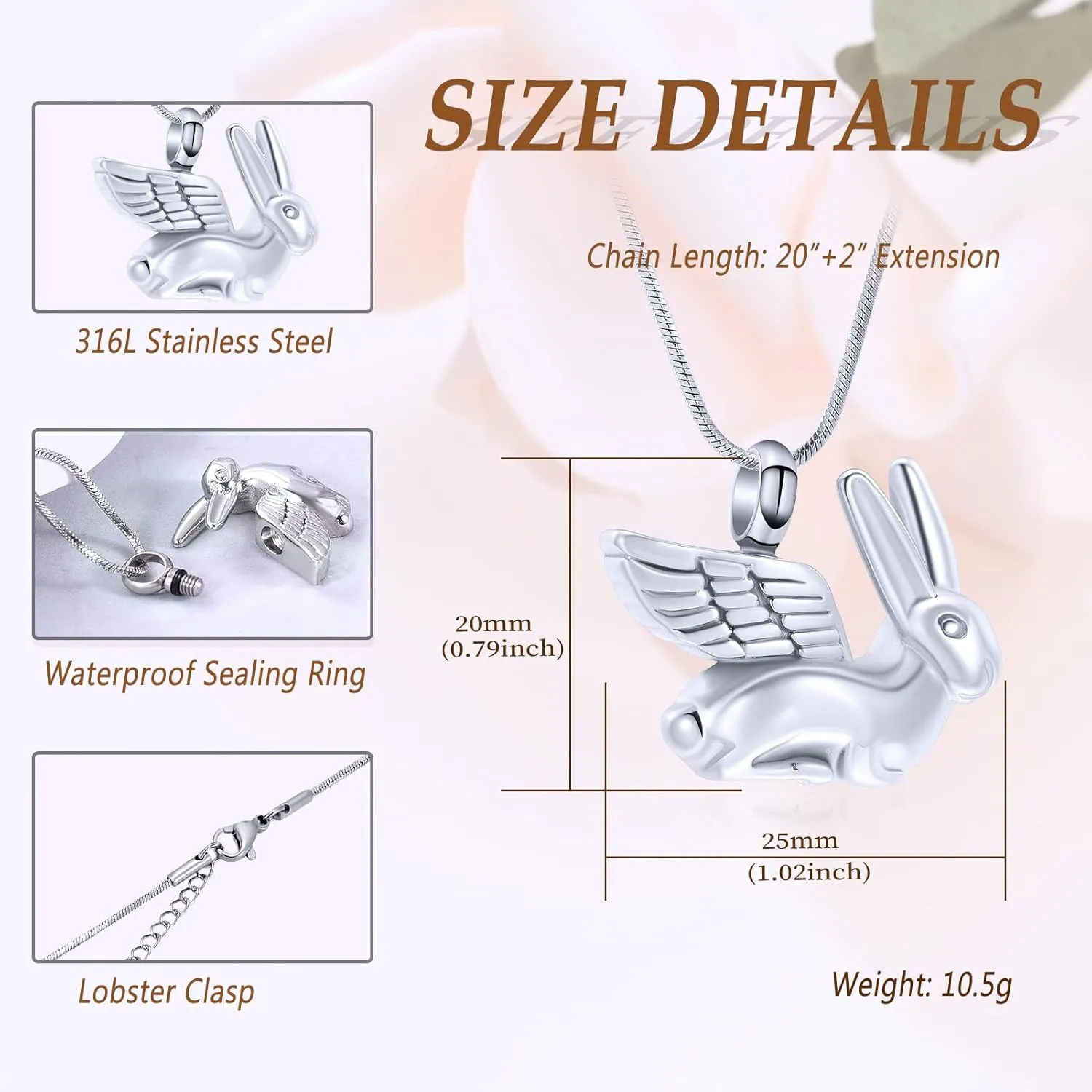 Bunny Rabbit Urn Pendant Necklace - Stainless Steel Cremation Ashes Jewelry for Pets Keepsake Memorial Ashes Locket