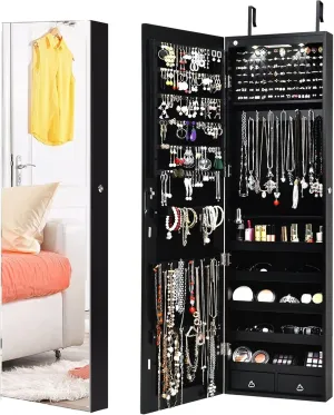 Byroce 47.5''H Jewelry Armoire, Over the Door/Wall Mounted, Full Length Mirror with Jewelry Storage, 2-LED Lockable Jewelry Cabinet with 2 Drawers, Hanging Jewelry Organizer for Bedroom (Black)