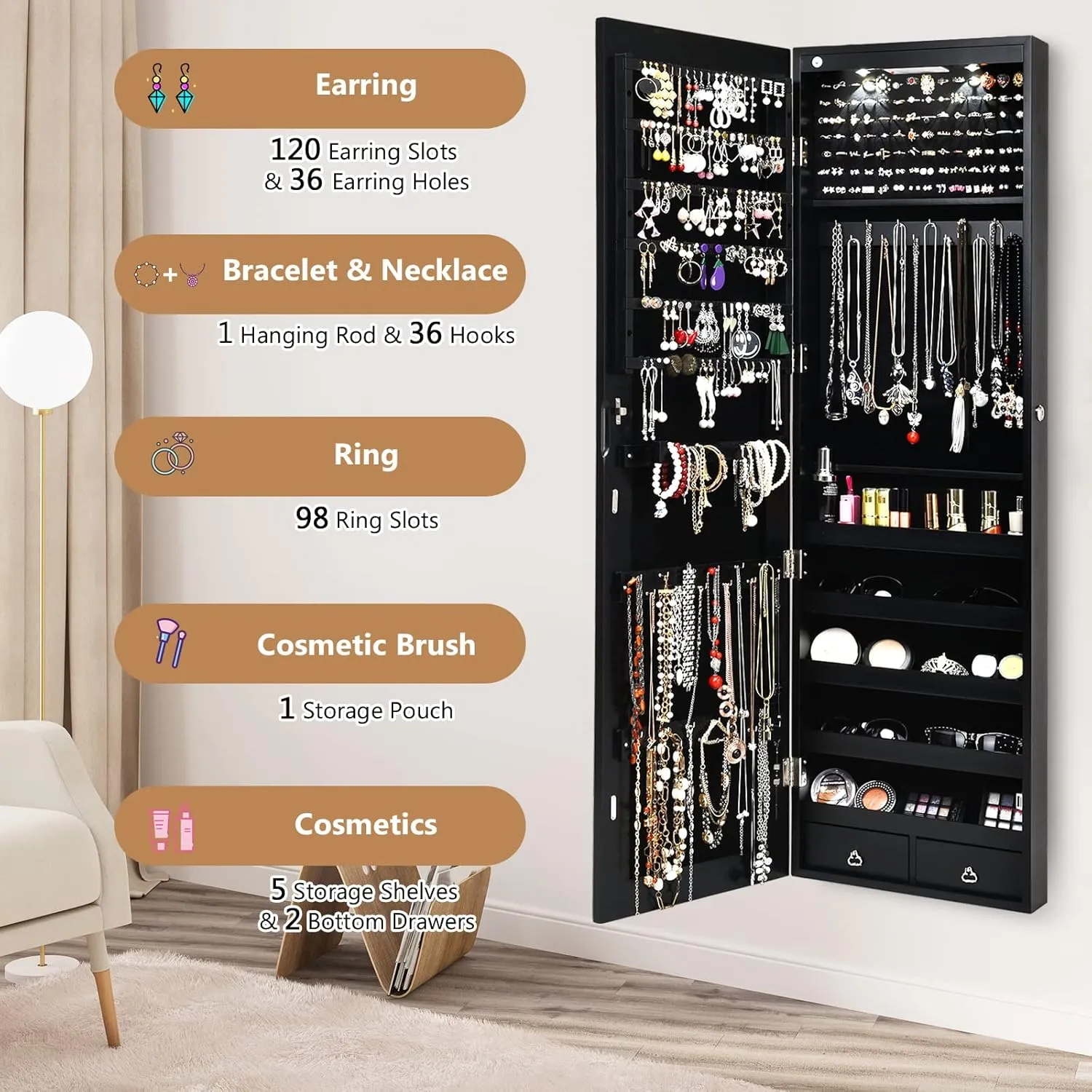 Byroce 47.5''H Jewelry Armoire, Over the Door/Wall Mounted, Full Length Mirror with Jewelry Storage, 2-LED Lockable Jewelry Cabinet with 2 Drawers, Hanging Jewelry Organizer for Bedroom (Black)