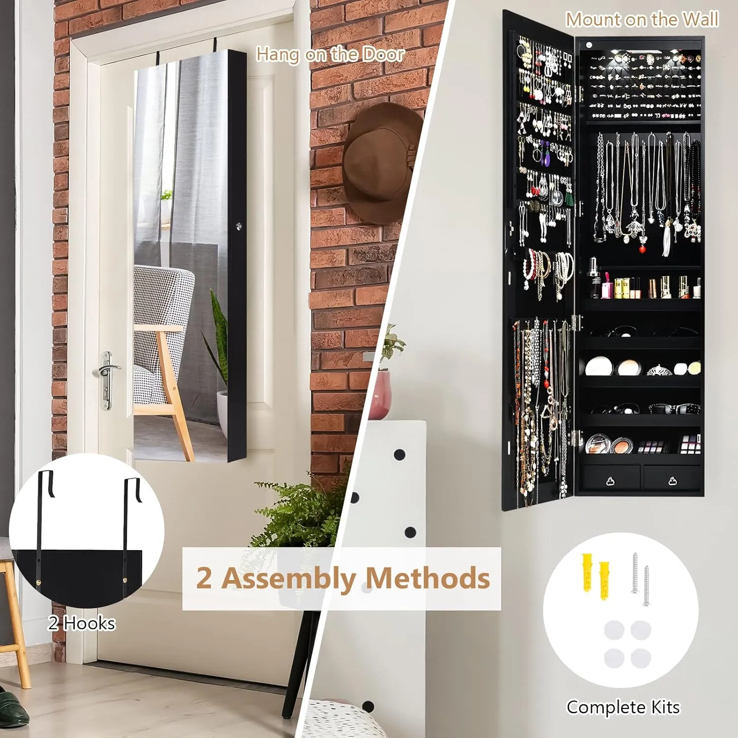 Byroce 47.5''H Jewelry Armoire, Over the Door/Wall Mounted, Full Length Mirror with Jewelry Storage, 2-LED Lockable Jewelry Cabinet with 2 Drawers, Hanging Jewelry Organizer for Bedroom (Black)