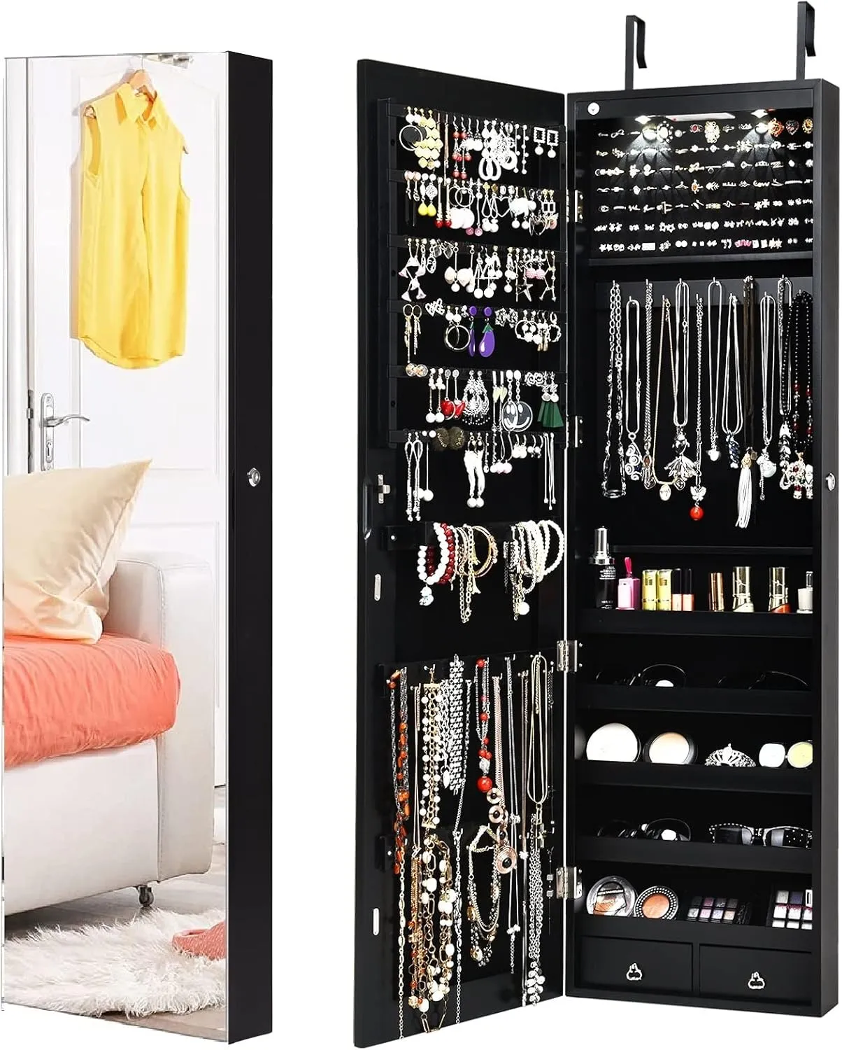 Byroce 47.5''H Jewelry Armoire, Over the Door/Wall Mounted, Full Length Mirror with Jewelry Storage, 2-LED Lockable Jewelry Cabinet with 2 Drawers, Hanging Jewelry Organizer for Bedroom (Black)