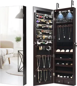 Byroce 47.5''H Jewelry Armoire, Over the Door/Wall Mounted, Full Length Mirror with Jewelry Storage, 2-LED Lockable Jewelry Cabinet with 2 Drawers, Hanging Jewelry Organizer for Bedroom (Espresso)