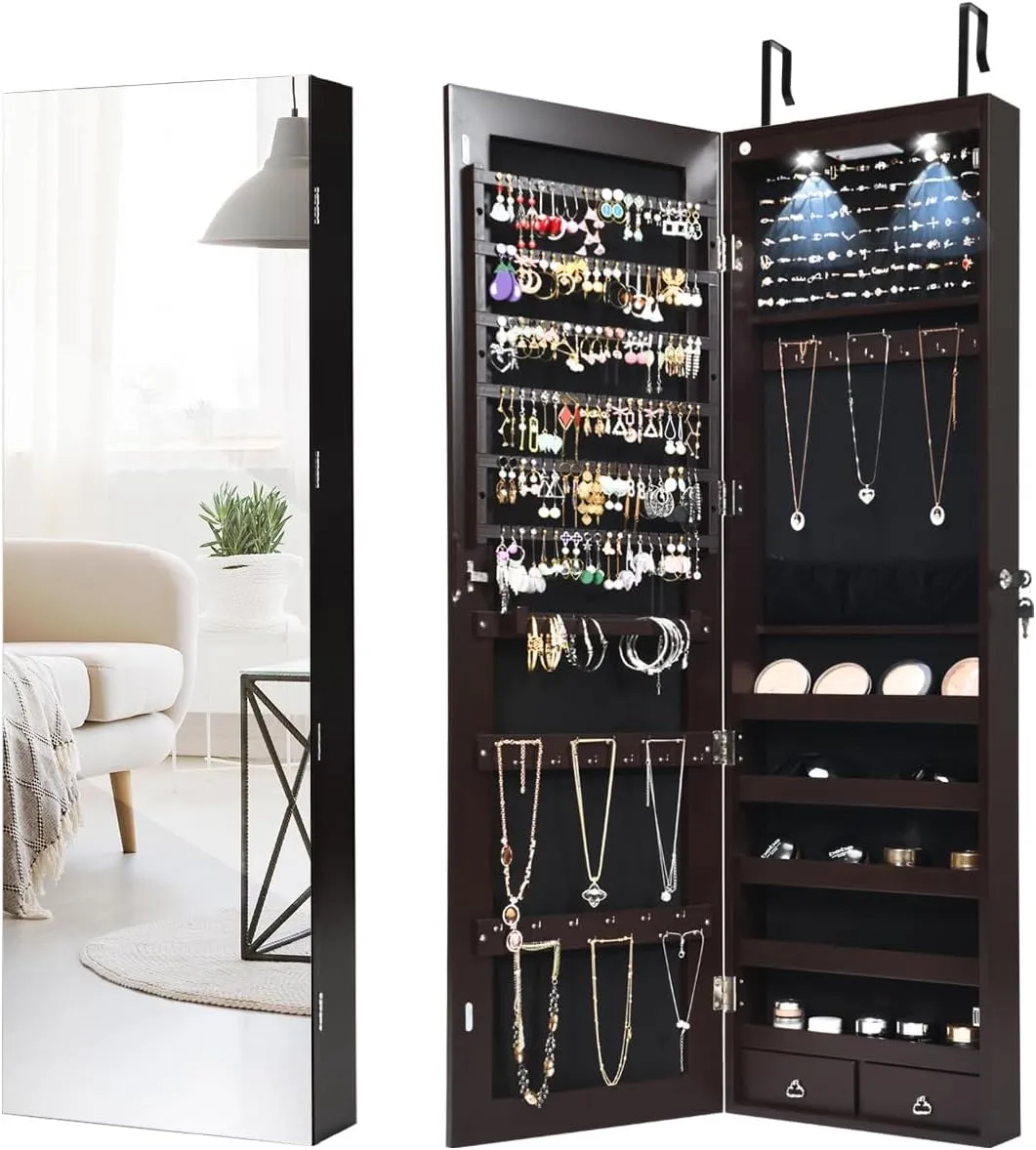 Byroce 47.5''H Jewelry Armoire, Over the Door/Wall Mounted, Full Length Mirror with Jewelry Storage, 2-LED Lockable Jewelry Cabinet with 2 Drawers, Hanging Jewelry Organizer for Bedroom (Espresso)