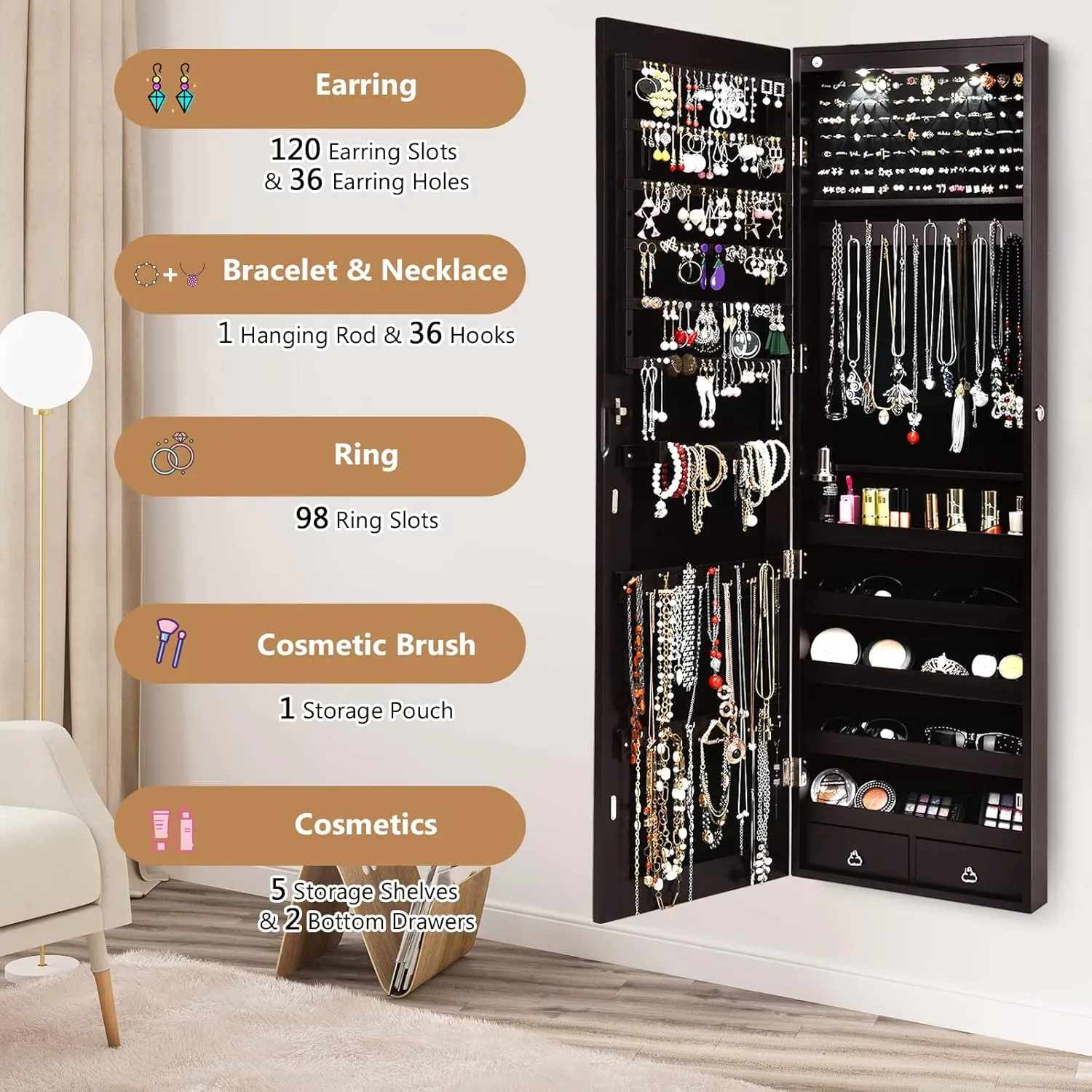 Byroce 47.5''H Jewelry Armoire, Over the Door/Wall Mounted, Full Length Mirror with Jewelry Storage, 2-LED Lockable Jewelry Cabinet with 2 Drawers, Hanging Jewelry Organizer for Bedroom (Espresso)