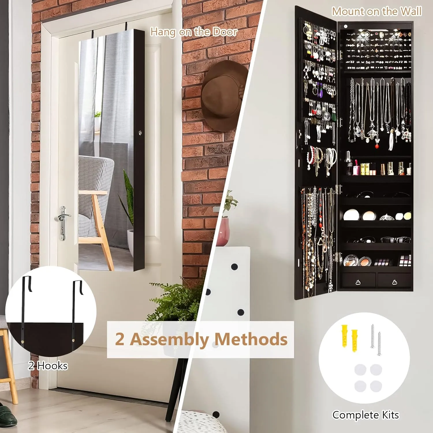 Byroce 47.5''H Jewelry Armoire, Over the Door/Wall Mounted, Full Length Mirror with Jewelry Storage, 2-LED Lockable Jewelry Cabinet with 2 Drawers, Hanging Jewelry Organizer for Bedroom (Espresso)