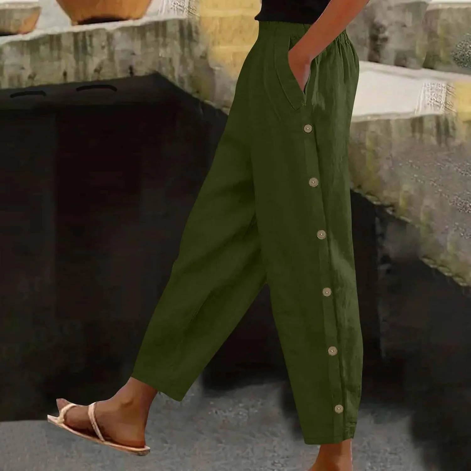 Casual Pants for Women Cotton Linen Harem Pants Elastic High Waist Pants Loose Fit Pants Summer Beach Pants Pockets