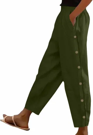 Casual Pants for Women Cotton Linen Harem Pants Elastic High Waist Pants Loose Fit Pants Summer Beach Pants Pockets