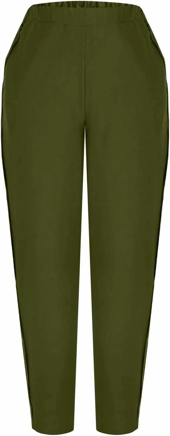 Casual Pants for Women Cotton Linen Harem Pants Elastic High Waist Pants Loose Fit Pants Summer Beach Pants Pockets