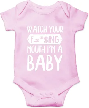 CBTwear Watch Your Mouth, I'm A Baby - Baby Clothes - Funny Newborn Bodysuit Outfits for Boys and Girls