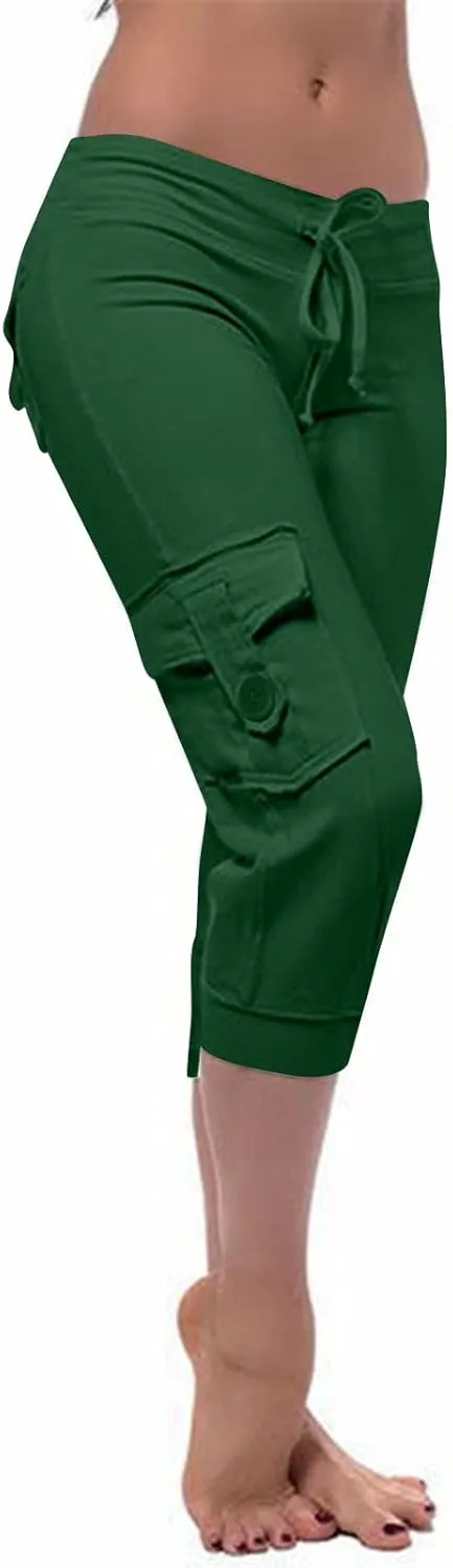 Ceboyel Capris for Women Casual Summer 3/4 Length Cropped Pants High Waist Ladies Cargo Capri Drawstring Trousers with Pocket