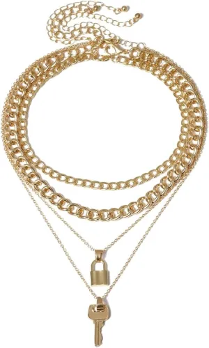 Chain Necklaces for Women Gold,Alloy Necklaces Chain 4-Layer Chain with Lock and Key Womens Necklace Gold