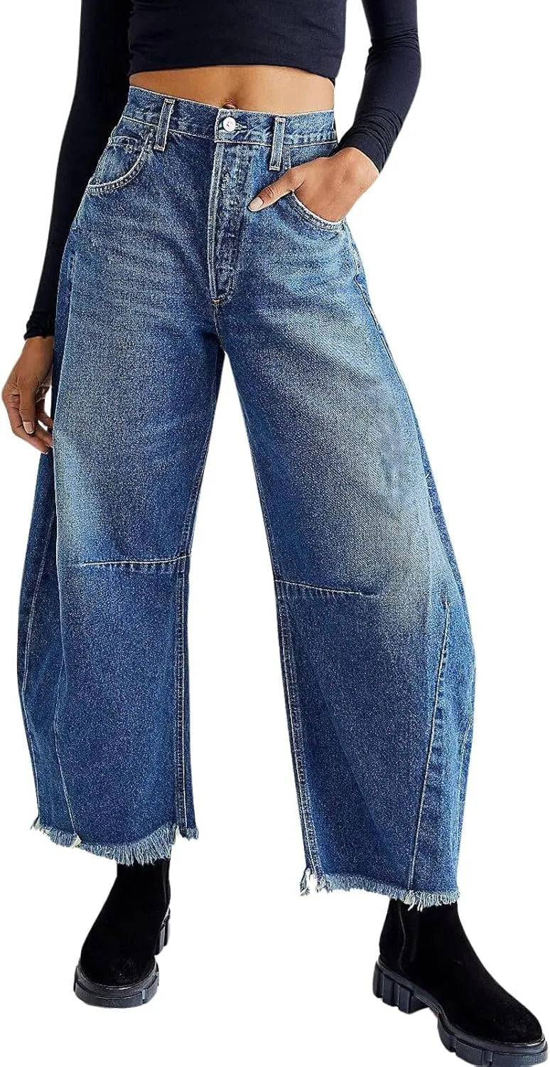 CHARTOU Women Barrel Jeans Distressed Boyfriend Baggy Jeans High Waist Wide Leg Jeans Y2k Ripped Harem Pants