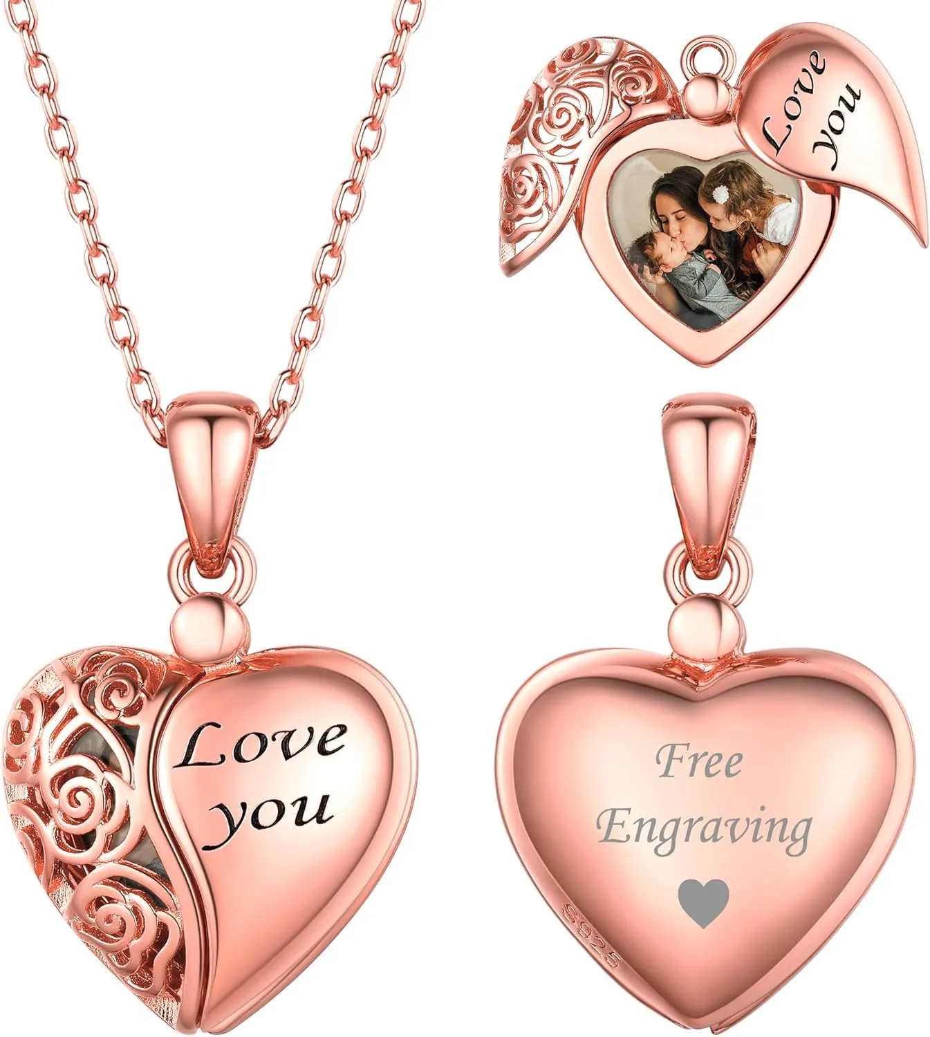 ChicSilver Personalized 925 Sterling Silver Heart Locket Necklace That Holds Pictures Memory Photo Lockets with 18 Inches Chain, Silver/Gold/Rose Gold