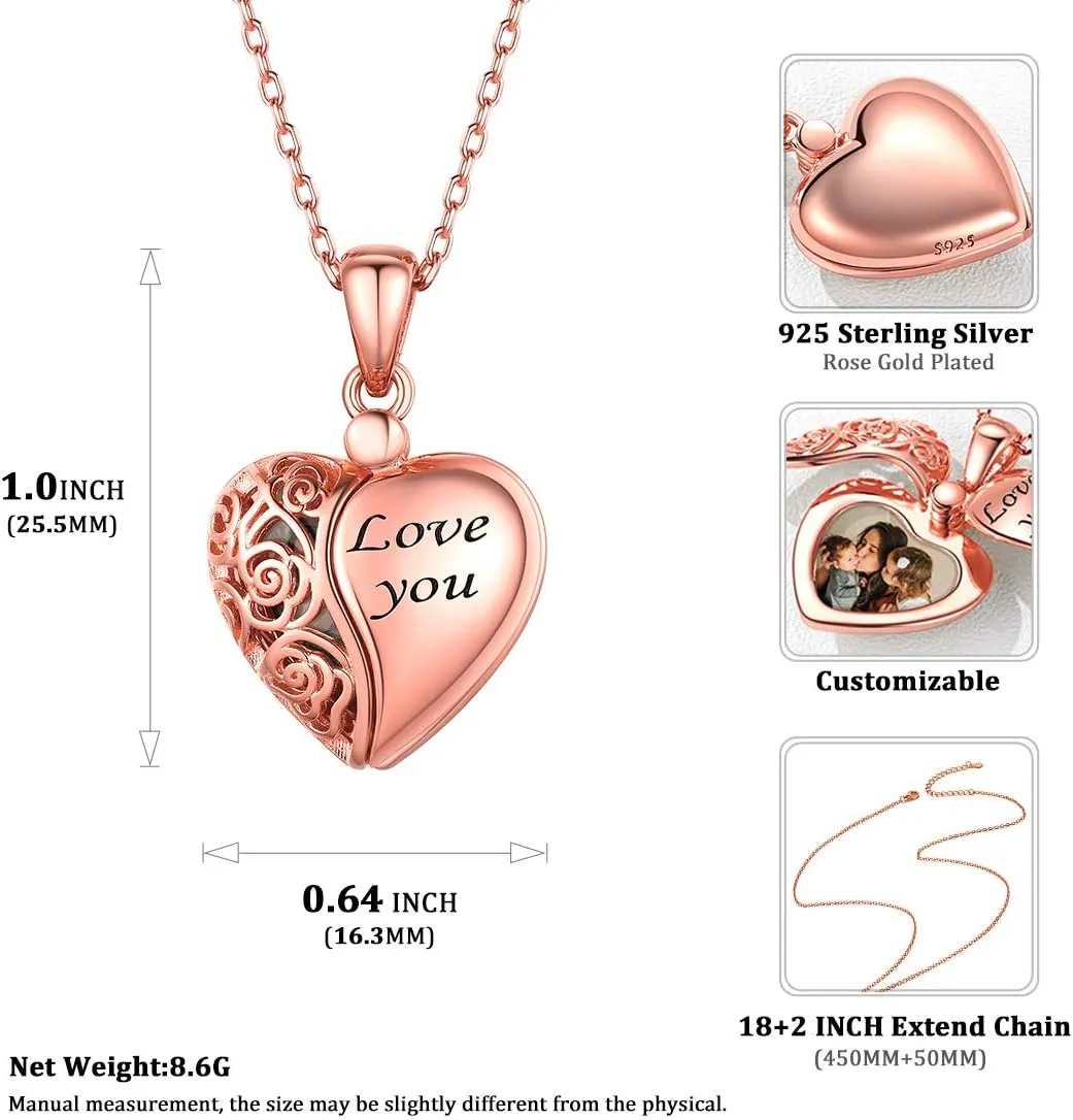 ChicSilver Personalized 925 Sterling Silver Heart Locket Necklace That Holds Pictures Memory Photo Lockets with 18 Inches Chain, Silver/Gold/Rose Gold