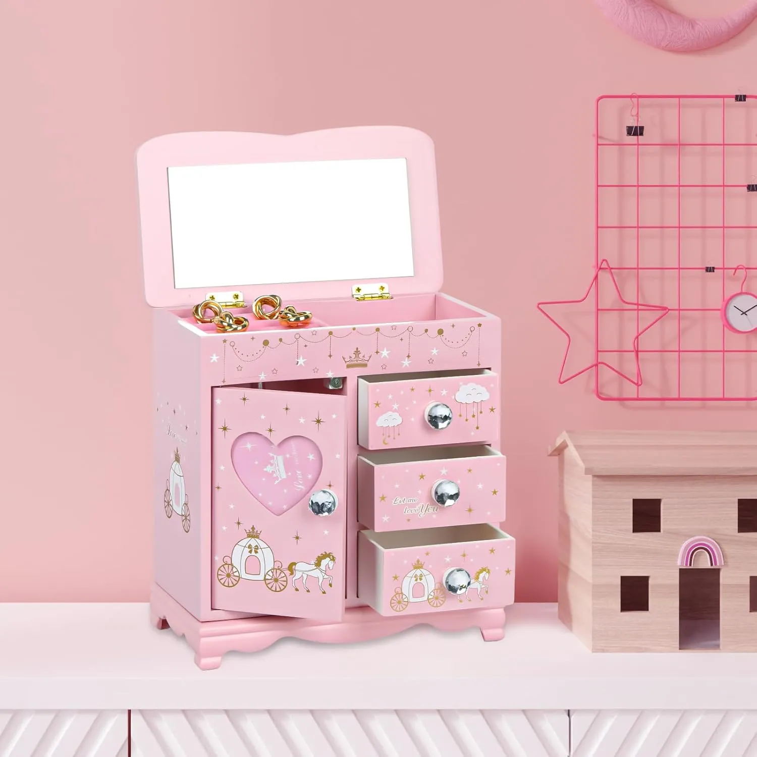 Children jewelry box for girls Pink Princess Castle girls jewelry box Little girl birthday christmas Gift kids jewelry box, A pink3