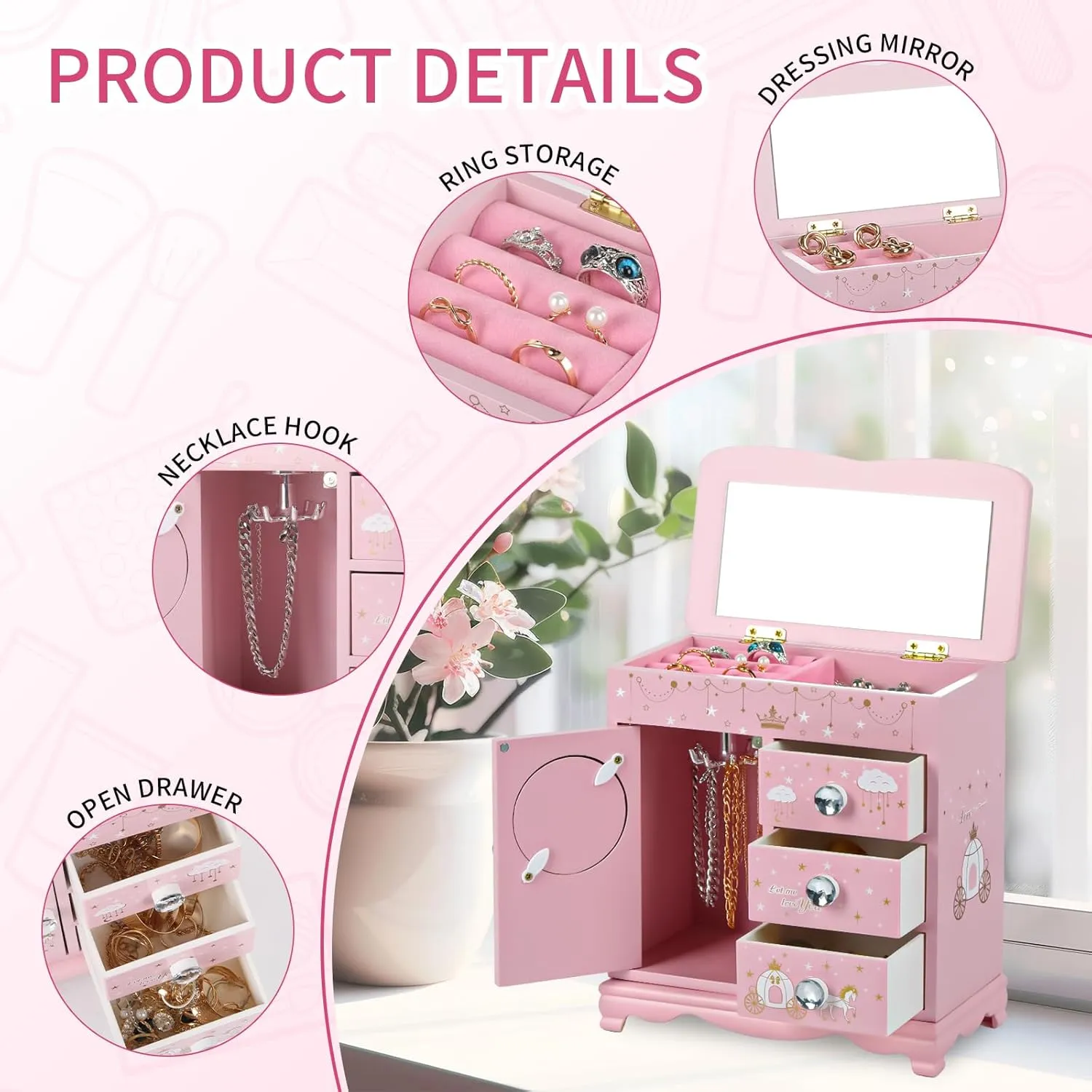 Children jewelry box for girls Pink Princess Castle girls jewelry box Little girl birthday christmas Gift kids jewelry box, A pink3