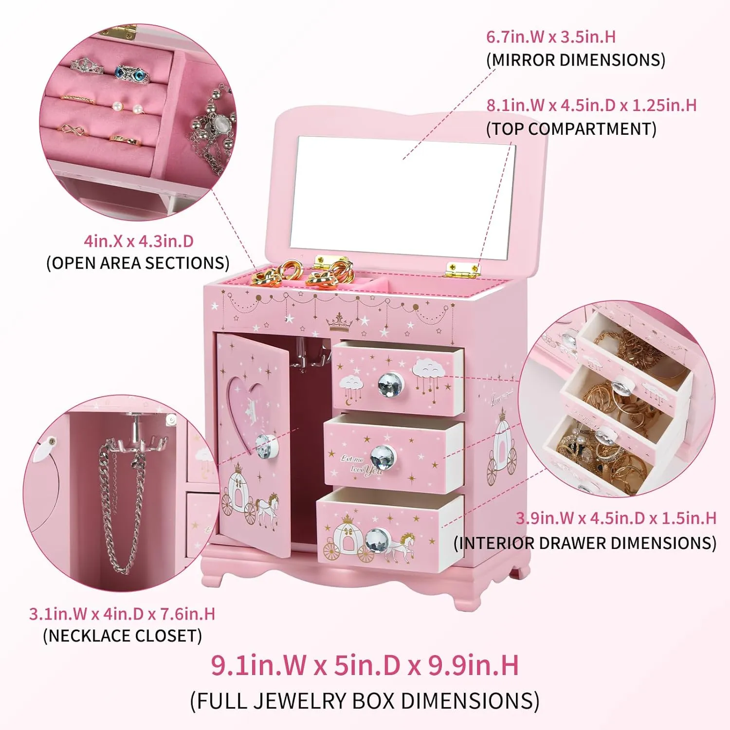 Children jewelry box for girls Pink Princess Castle girls jewelry box Little girl birthday christmas Gift kids jewelry box, A pink3