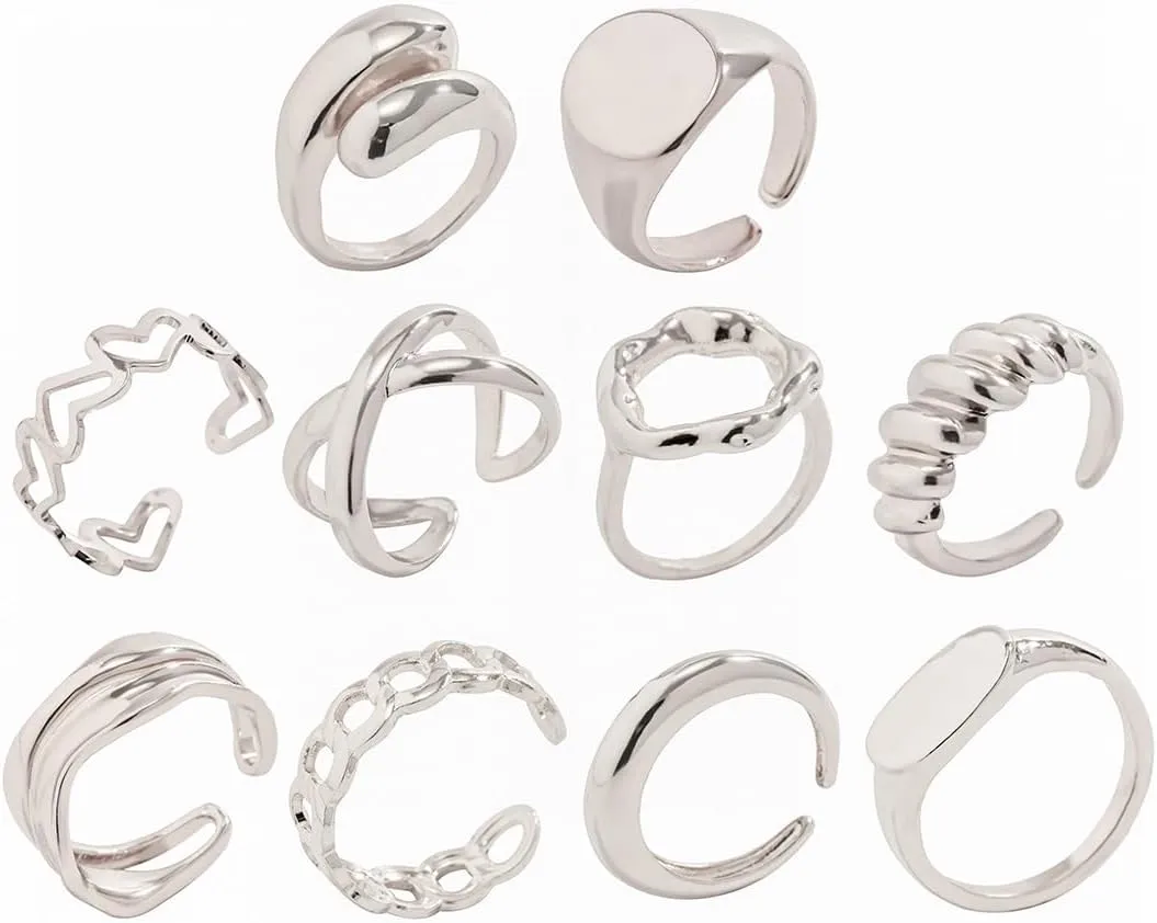 Chunky Gold & Silver Rings Set - Adjustable Thick Statement Rings for Women