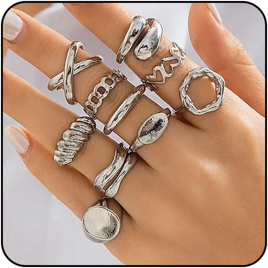 Chunky Gold & Silver Rings Set - Adjustable Thick Statement Rings for Women