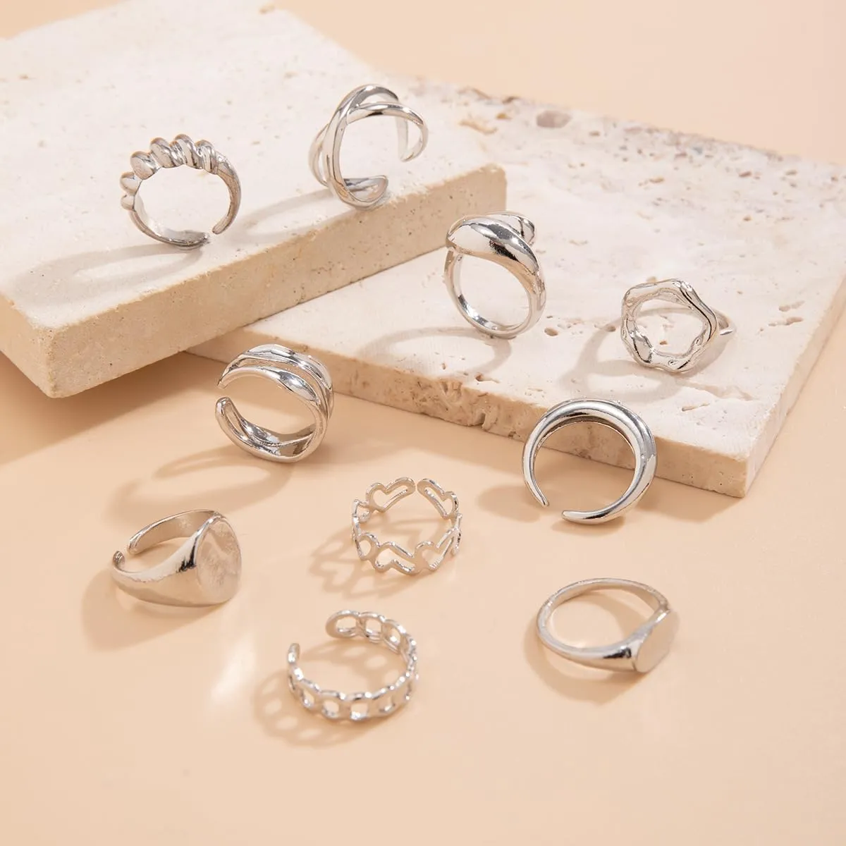 Chunky Gold & Silver Rings Set - Adjustable Thick Statement Rings for Women