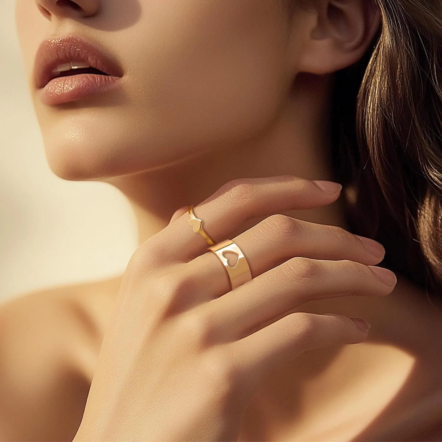 Chunky Gold Opening Matching Rings for Couples, Valentines Day Adjustable Trendy Simple Heart Cross Butterfly Hollow Stackable Ring Love Engagement Promise Wedding Jewelry Gift