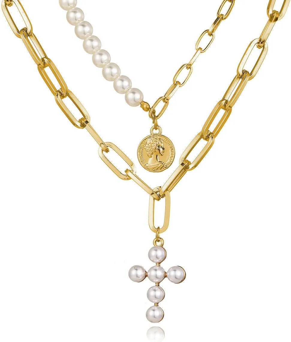 CJIAYUJEW Gold Layered Necklaces for Women Stackable Cross Necklace Cuban Cross Pendant Necklace Gold Heart Cross Choker Necklace Set Simple Jewelry Gift