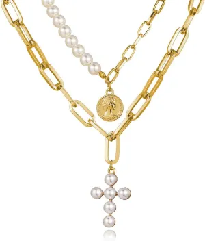 CJIAYUJEW Gold Layered Necklaces for Women Stackable Cross Necklace Cuban Cross Pendant Necklace Gold Heart Cross Choker Necklace Set Simple Jewelry Gift