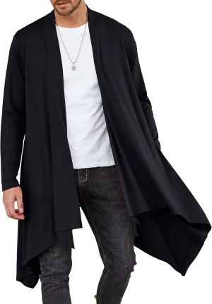 COOFANDY Men's Long Cardigan Ruffle Shawl Collar Lightweight Open Front Drape Cape Overcoat with Pockets