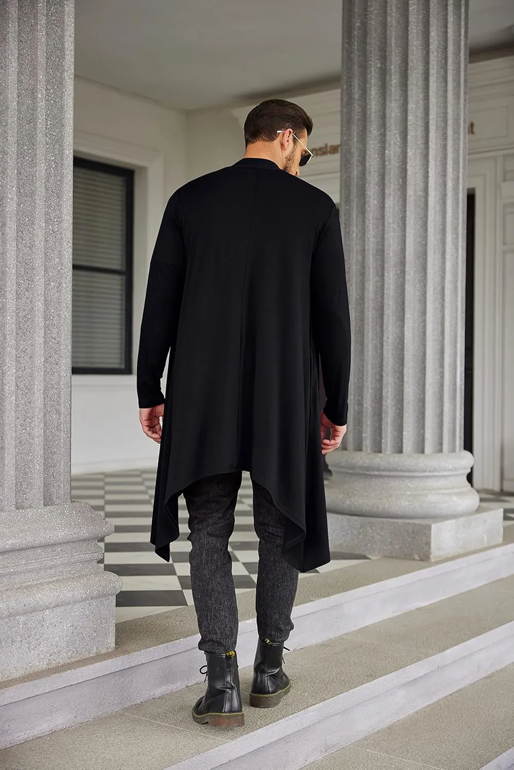 COOFANDY Men's Long Cardigan Ruffle Shawl Collar Lightweight Open Front Drape Cape Overcoat with Pockets